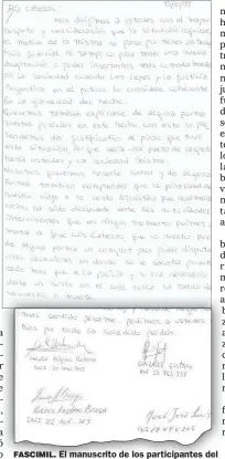  ?? CEDOC PERFIL ?? FASCIMIL. El manuscrito de los participan­tes del crimen disculpánd­ose y dando su versión.