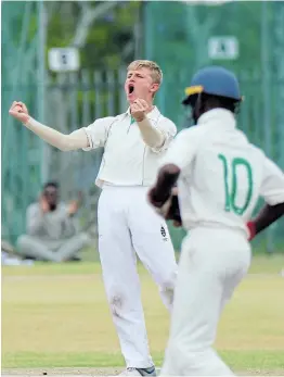  ?? Pictures: MICHAEL PINYANAA ?? PERFECT: Jake Carstens of KZN Inland celebrates after claiming the wicket of Richarch Seletswane of Gauteng, during their game at Selborne in East London.