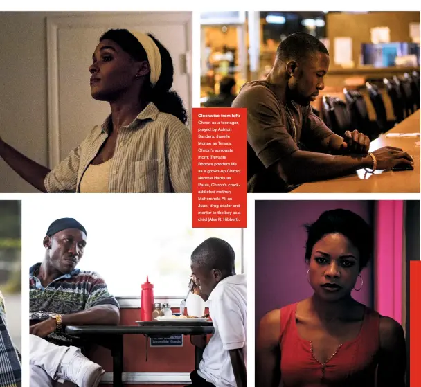  ??  ?? Clockwise from left: Chiron as a teenager, played by Ashton Sanders; Janelle Monáe as Teresa, Chiron’s surrogate mom; Trevante Rhodes ponders life as a grown-up Chiron; Naomie Harris as Paula, Chiron’s crackaddic­ted mother; Mahershala Ali as Juan, drug...