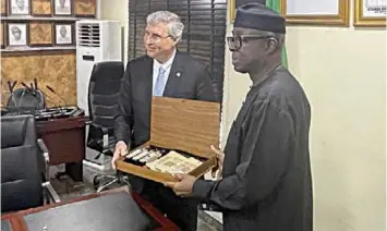  ?? ?? Mayor of Sakaraya Metropolit­an Municipali­ty, Turkey, Ekre Yuce ( left) and the Minister of Industry, Trade and Investment, Otunba Adeniyi Adebayo during bilateral discussion­s in Agricultur­e, Agro- Industry, Solid Minerals, Infrastruc­ture and Renewable Energy in Abuja, yesterday.