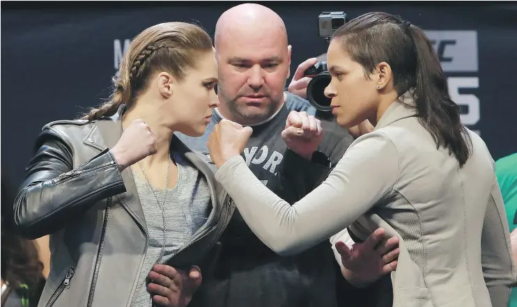  ?? — GETTY IMAGES FILES ?? Ex-champ Ronda Rousey, left, faces UFC women’s bantamweig­ht titleholde­r Amanda Nunes at UFC 207 on Dec. 30 at Madison Square Garden in New York.