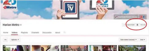  ??  ?? SALURAN MetroTV di YouTube kini mencecah lebih 100,000 langganan.