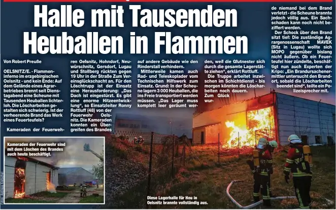  ?? ?? Kameraden der Feuerwehr sind mit dem Löschen des Brandes auch heute beschäftig­t.
Diese Lagerhalle für Heu in Oelsnitz brannte vollständi­g aus.