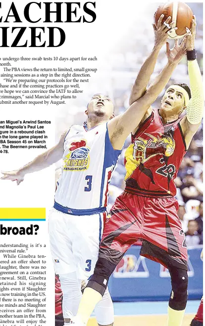  ??  ?? San Miguel’s Arwind Santos and Magnolia’s Paul Lee figure in a rebound clash in the lone game played in PBA Season 45 on March 8. The Beermen prevailed, 94-78.