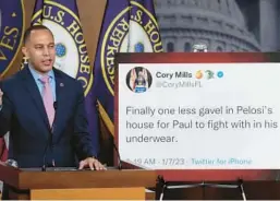  ?? DREW ANGERER/GETTY ?? House Minority Leader Hakeem Jeffries called Republican­s hypocritic­al in what tweets they label offensive. Jeffries compared a 2019 tweet by Rep. Ilan Omar, who was removed from the House Foreign Affairs Committee, to one from Rep. Cory Mills related to the attack on former House Speaker Nancy Pelosi’s husband.