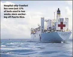  ??  ?? Hospital ship Comfort has seen just 13% of beds used in two weeks since anchoring off Puerto Rico.