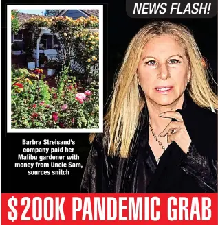  ?? ?? Barbra Streisand’s company paid her Malibu gardener with money from Uncle Sam,
sources snitch