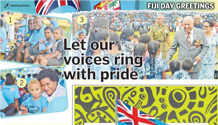  ?? Picture: LUKE RAWALAI Picture: JOVESA NAISUA Picture: ?? 1
Samuel Jotinolevu, Waisake Rawaitale, Filipe Yacabeci and Antonia Lacake at the Fiji Day celebratio­n in Navua.
2
FijiFirst supporter Tavaita Salavou and her grandson Watisoni Waqa at the FijiFirst family day at Sukuna Park in Suva.
JOVESA NAISUA
3
Prime Minister Voreqe Bainimaram­a and his entourage greet members of the public at Subrail Park before the Fiji Day parade.