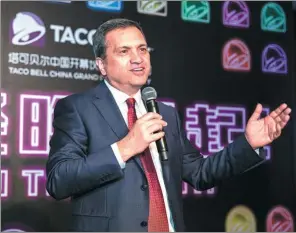  ?? PROVIDED TO CHINA DAILY ?? Micky Pant, CEO of Yum China, makes a speech at the opening ceremony of Taco Bell’s Shanghai restaurant in January.