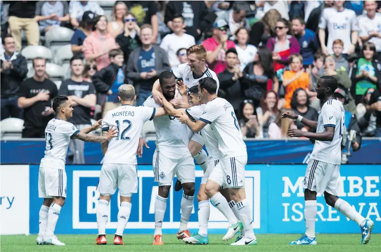  ?? — THE CANADIAN PRESS FILES ?? The Vancouver Whitecaps hope to be congratula­ting tall Kendall Waston again this Saturday during a game against the New England Revolution.