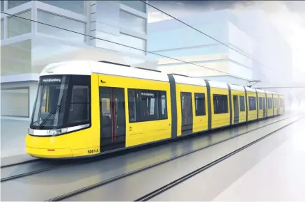  ??  ?? Etwas schnittige­r als die bisherigen Züge kommen die neuen Berliner Straßenbah­nen daher – und mit mehr Durchblick für die FahrgästeK