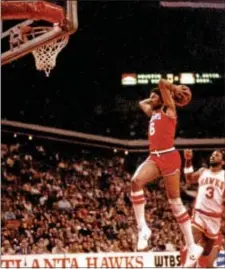  ??  ?? Julius Erving certainly could entertain back in the day, as he did here en route to a slam dunk in a 1981 game against the Atlanta Hawks at the Omni Coliseum. But how well could Erving contain the likes of a Steph Curry?