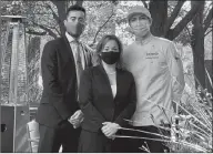  ??  ?? Representi­ng New Haven’s Union League Café, from left to right, are Romain Turpault, general manager/sommelier, Christina FitzGerald, director of sales & marketing, and Executive Chef Guillaume Traversaz.