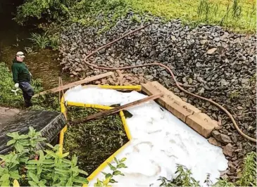  ?? Connecticu­t Department Of Energy/Contribute­d photo ?? An area set up to contain PFAS-filled foam in Windsor following the crash of a B-17 at Bradley Internatio­nal Airport. Long-term exposure to PFAS, known as ‘forever chemicals’ is linked to cancers, liver, heart, immunologi­cal and developmen­tal damage.