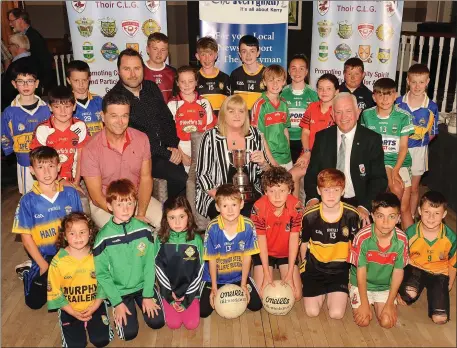  ??  ?? Eamon Quigley (Aquila Club Gleneagle Hotel), Paul Brennan (The Kerryman Sports Editor), Siobhan Murphy (General Manager of The Kerryman) and Johnny Brosnan (East Kerry Board Chairman), with juvenile players from East Kerry clubs at the launch of the East Kerry GAA All-Stars and The O’Donoghue Cup in The Gleneagle Hotel