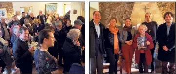  ??  ?? Le public est attentif aux explicatio­ns du père Denis. (Photo de droite) Le père Denis est entouré de Nathalie-Charlotte, la secrétaire de la paroisse, Stéphane, le graphiste, et une partie de ceux qui ont rempli le livret rendant hommage au père...