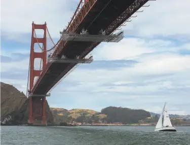  ?? Photos by Kate Munsch / Special to The Chronicle ?? A sailboat has a spot in San Francisco Bay all to itself in May. Sailing is an ideal type of recreation that provides social distancing during the pandemic, and boat dealers are the busiest they’ve been in years.