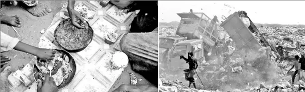  ??  ?? (Left) Displaced Yemenis collect food such as fish, meat, potatoes, onions and flour from garbage dump to make their own food. • (Right) People collect recyclable­s and food at a garbage dump near the Red Sea port city of Hodeidah, Yemen. — Reuters photos