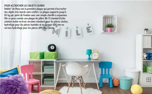  ??  ?? POUR ACCROCHER LES OBJETS LOURDS
Habito de Placo est la première plaque qui permet d’accrocher des objets très lourds sans renfort. La plaque supporte jusqu’à 60 kg par point de fixation avec une simple cheville à expansion. Elle se pose comme une plaque de plâtre BA 13 standard.Cette solution existe en trois versions standard pour les pièces sèches, hydrofuge pour les pièces humides et en largeur 600 mm en version hydrofuge pour les pièces difficiles d’accès.