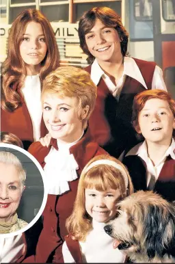  ??  ?? “The Partridge Family” cast (clockwise from top:) David Cassidy, Danny Bonaduce, Suzanne Crough, Shirley Jones and Susan Dey. Inset: Jones in 2019.