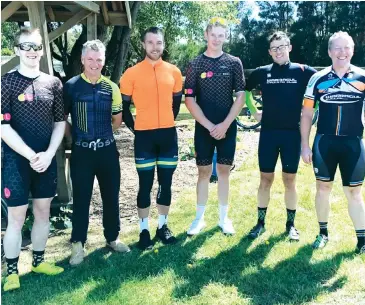  ??  ?? Placegette­rs in the Inaugural Joustra 100 Handicap, from left, Daniel Bishop who finished fourth, Graeme Parker who finished third, Brenton Jones who claimed the fastest time, winner Jake Hallyburto­n, Glenn Marriott who finished second, and Rob Monk who placed fifth.