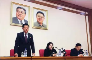  ?? AP/ERIC TALMADGE ?? North Korean Vice Foreign Minister Choe Son Hui (center) speaks at a gathering for diplomats in Pyongyang, North Korea, on Friday.