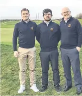  ??  ?? Home from home: Cameron Raymond (centre) proudly wearing the St Anne’s crest alongside club profession­al Cormac Hennessy (left) and 2019 captain, Tom Fleming