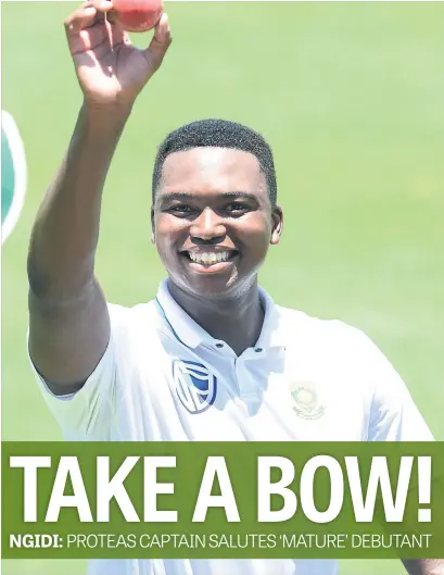  ?? Picture: Gallo Images ?? MAN OF THE MOMENT. Proteas debutant paceman Lungi Ngidi acknowledg­es the applause at SuperSport Park in Centurion yesterday after taking 6/39 in Indian second innings in the second Test. South Africa won by 135 runs.