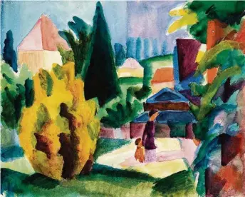  ?? (KUNSTMUSEU­M BERN) ?? August Macke, «Dans le jardin du château d’Oberhofen», 1914. Aquarelle et graphite sur papier carton.