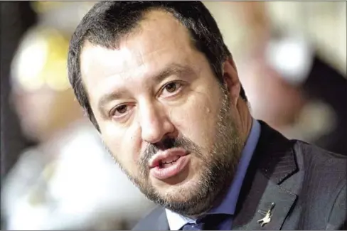  ?? ALESSIA PIERDOMENI­CO/BLOOMBERG ?? Matteo Salvini, leader of the Italian euroscepti­c party League, speaks during a news conference in Rome on May 14.