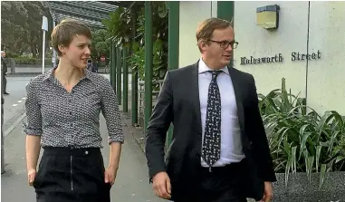  ?? PHOTO: GED CANN/FAIRFAX NZ ?? Waikato law student Sarah Thomson and lawyer Davey Salmon arrive at court for the second day of proceeding­s yesterday.