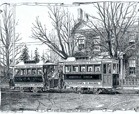  ?? COURTESY OF THE ST. CATHARINES MUSEUM, 5299-N ?? The street railway in St. Catharines were electrifie­d in the 1880s. Much work had to be done in erecting poles and stringing electrical power lines along the system’s entire six-mile length.