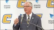  ?? Special Photo: Ap-doug Strickland, File ?? University of Tennessee at Chattanoog­a athletic director Mark Wharton speaks during a news conference in 2017. Chattanoog­a announced last month that any 2020-21 away games that hadn’t already been scheduled must be played within 150 miles of its campus and that teams must return to campus the day of the game to avoid any lodging costs.