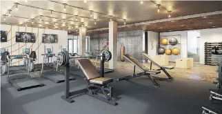  ??  ?? Laurent & Clark condos will include a 1,500-square-foot fitness centre that blends the traditiona­l gym with the popular crossfit style concept and includes a running track, cardio and weight machines, climbing ropes, punching bags and a space to...