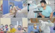  ?? DEEPAK GUPTA/HT PHOTOS ?? (Clockwise) A girl taking the jab; a Covid patient being fed by a medical staff; a doctor taking a selfie with a patient and people showing a victory sign during vaccinatio­n, at different hospitals in Lucknow on Tuesday.