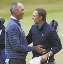  ?? Peter Morrison / Associated Press ?? It was a heartbreak­ing loss for Matt Kuchar (left), who led after 13 holes and paid his respects to Spieth.