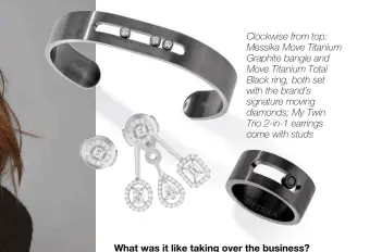  ??  ?? Clockwise from top: Messika Move Titanium Graphite bangle and Move Titanium Total Black ring, both set with the brand’s signature moving diamonds; My Twin Trio 2-in-1 earrings come with studs