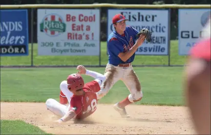  ?? AUSTIN HERTZOG - MEDIANEWS GROUP ?? Boyertown shortstop Chris Davis gets the force out at second and looks to turn a double play against Souderton during the Pa. Region 2 tournament at Boyertown on July 21.