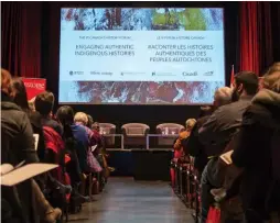  ??  ?? Above: Attendees gather for the 2016 National History Forum in Ottawa. Top right: Ry Moran, director of the National Centre for Truth and Reconcilia­tion. Right: Elder Claudette Commanda offers a prayer to open the forum.