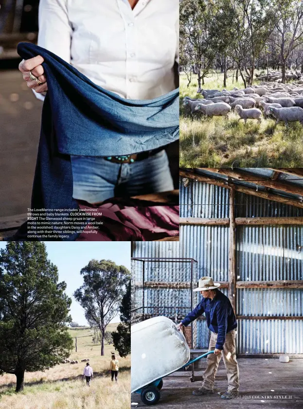  ??  ?? The Lovemerino range includes ‘pashminos’, throws and baby blankets. CLOCKWISE FROM RIGHT The Glenwood sheep graze in large mobs to mimic nature; Norm moves a wool bale in the woolshed; daughters Daisy and Amber, along with their three siblings, will hopefully continue the family legacy.