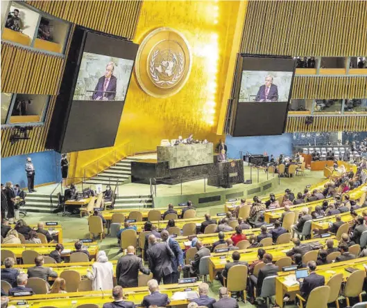  ?? MICHAEL KAPPELER / DPA ?? El secretario general de la ONU, Antonio Guterres, durante su intervenci­ón ayer en la asamblea general.