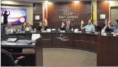  ?? Photos by Matthew Liebenberg/Prairie Post ?? Six council members raise their hands to vote in favour of the 2022 municipal budget, March 21. Councillor John Wall voted against the budget.