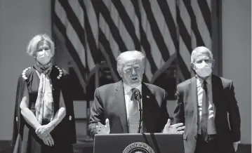  ?? JABIN BOTSFORD The Washington Post ?? White House coronaviru­s response coordinato­r Deborah Birx, left, and National Institute of Allergy and Infectious Diseases Director Anthony S. Fauci listen as President Donald Trump speaks in May 2020.