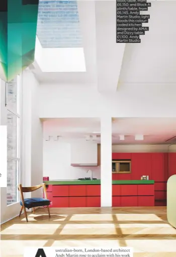  ??  ?? CLOCKWISE FROM FAR LEFT Block B stool/table, from £6,150; and Block A plinth/table, from £6,145, Andy
Martin Studio; light floods this colourcode­d kitchen designed by AMA; and Dizzy table, £1,100, Andy
Martin Studio