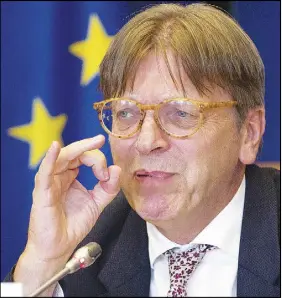  ?? AP PHOTO ?? European Parliament Brexit Coordinato­r Guy Verhofstad­t addresses the European Parliament Employment and Social Affairs Committee at the European Parliament in Brussels yesterday.