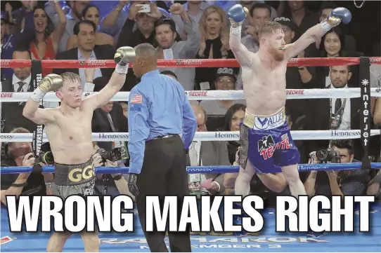  ?? AP PHOTO ?? UP IN ARMS: Canelo Alvarez, right, and Gennady Golovkin both celebrate following their middleweig­ht title fight Saturday night in Las Vegas. The fight was called a draw even though the scoring by one of the judges was called into question.