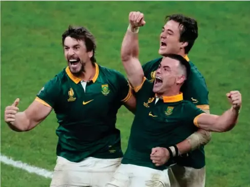  ?? (AP) ?? South Africa players celebrate at the end of Saturday’s final at the Stade de France