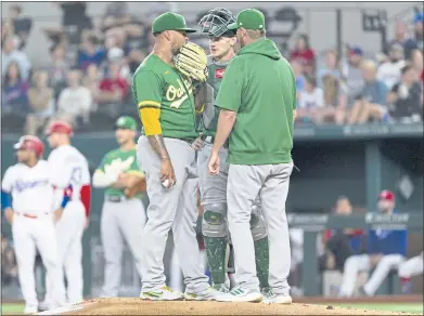  ?? SAM HODDE — THE ASSOCIATED PRESS ?? Athletics starting pitcher Frankie Montas, foreground left, catcher Sean Murphy and pitching coach Scott Emerson discuss strategy on the mound during the first inning against the Texas Rangers on Monday night in Arlington, Texas.