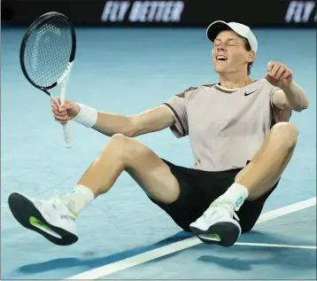  ?? DANIEL POCKETT — GETTY IMAGES/TNS ?? Jannik Sinner celebrates after rallying to beat Daniil Medvedev in the Australian Open men's singles championsh­ip match.