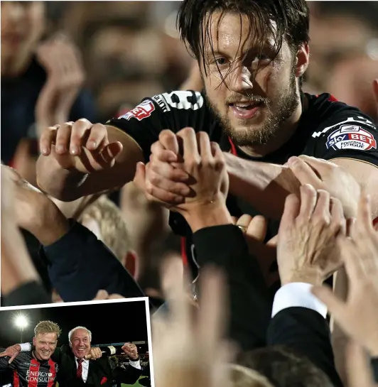  ??  ?? Up, up and away: Harry Arter (above) is carried off by jubilant fans after the 3-0 victory over Bolton, while chairman Jeff Mostyn celebrates with Matt Ritchie (far left)